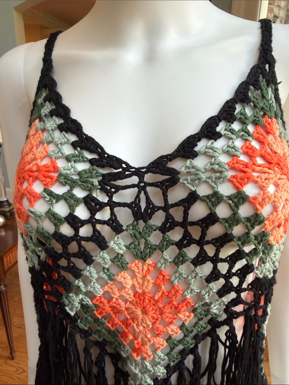 Boho Crochet Fringe Tank Top - Black with Coral & Sage - Picture 4 of 7